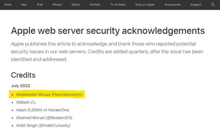 Le nom d’Abdelkader Mouaz figurant sur la liste de l'Apple web server security acknowledgements