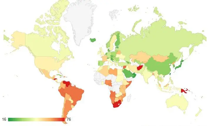 Carte mondiale de l'Indice de Criminalité par Pays 2022