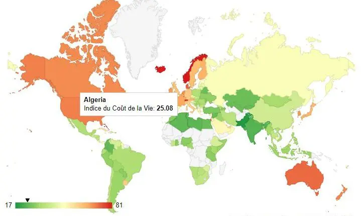 Carte mondiale de l'indice du cout de la vie par pays 2022