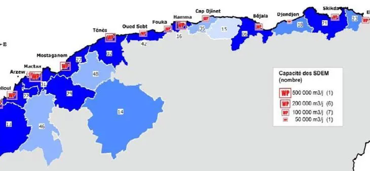 Carte de répartition des stations de dessalement d'eau de mer en Algérie