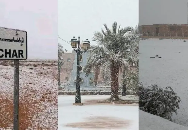 Phénomène rarissime à Béchar : la neige recouvre les sables du Sahara