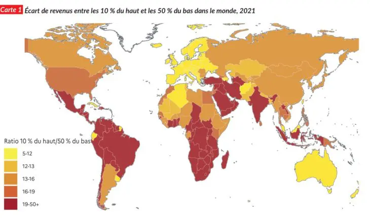 Une carte montrant l'écart de revenus entre les 10% du haut et les 50% du bas dans le monde en 2021