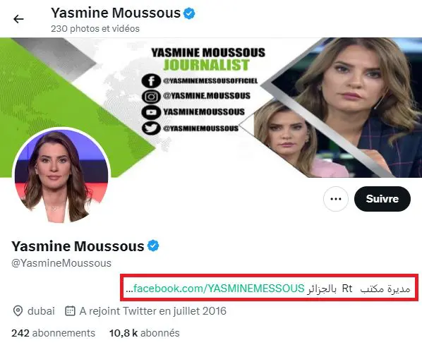 Compte Twitter de la journaliste Yasmine Moussous.