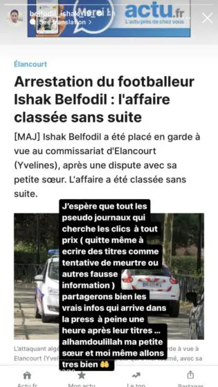 Déclaration de Belfodil sur Instagram