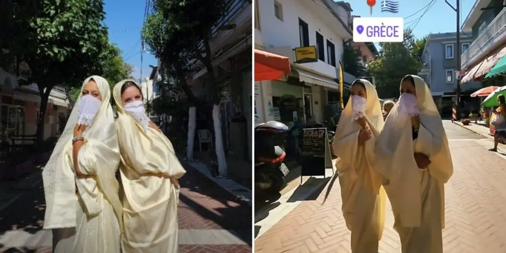 Yamna, créatrice de contenu algérienne, en Haïk à travers les ruelles de la Grèce