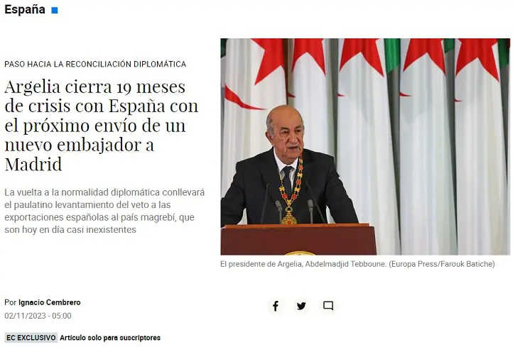 L’Algérie va nommer un ambassadeur en Espagne (El Confidential)