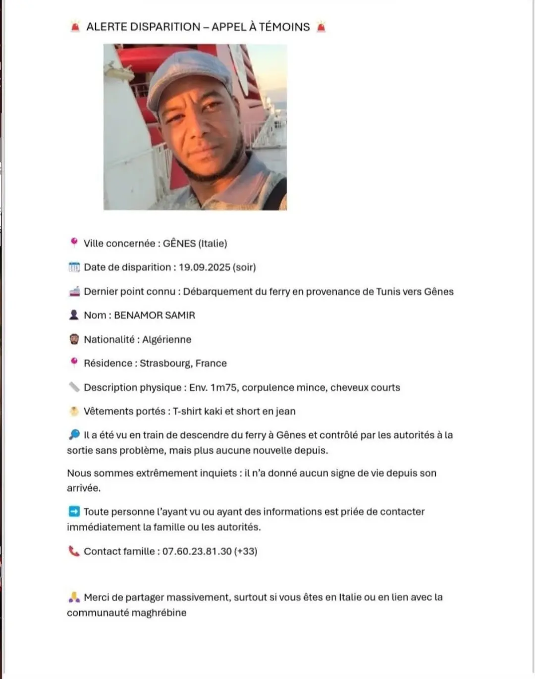 La famille de Samir Benamor lance un avis de recherche pour retrouver leur fils.