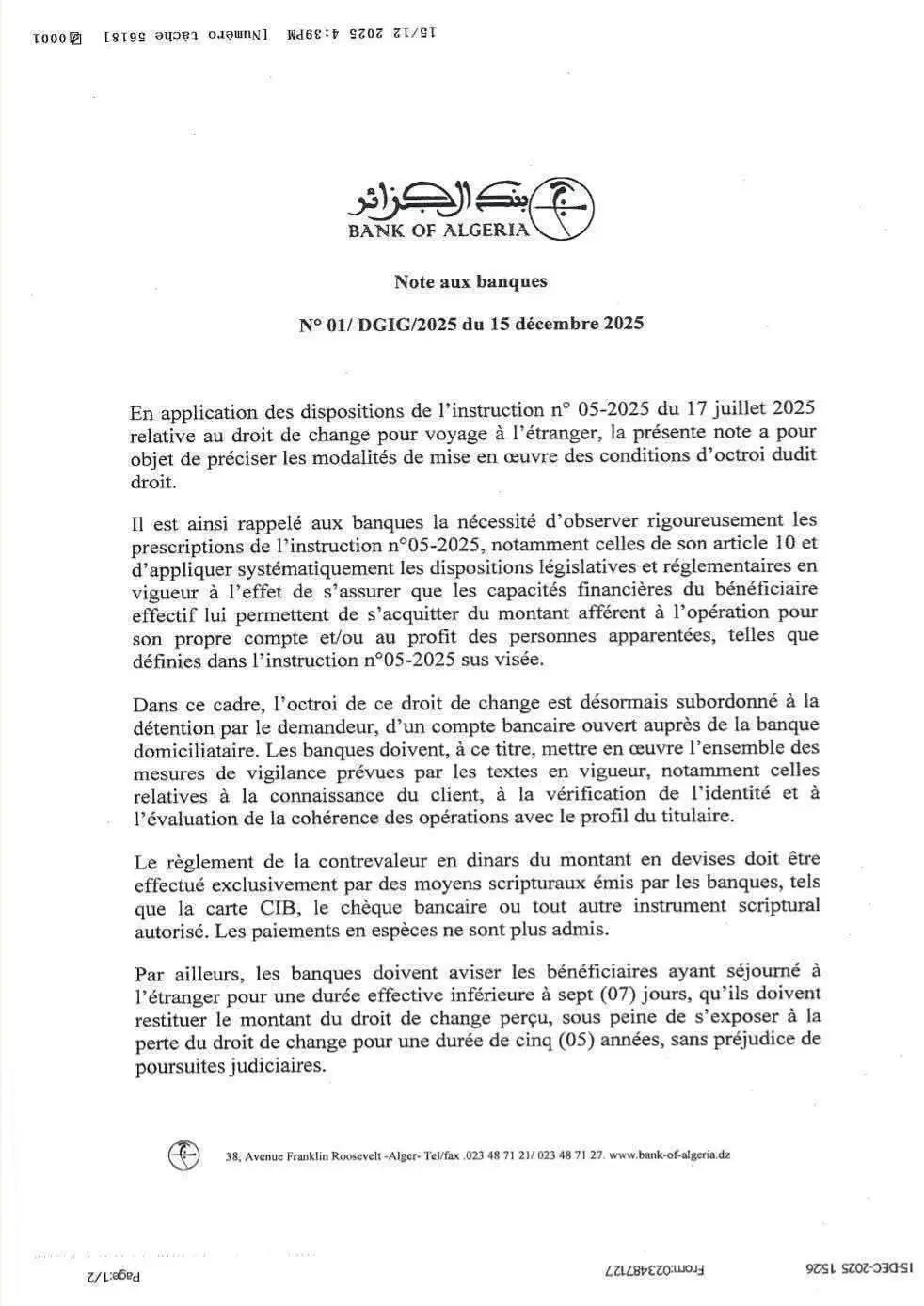 CP Banque d'Algérie - Allocation touristique