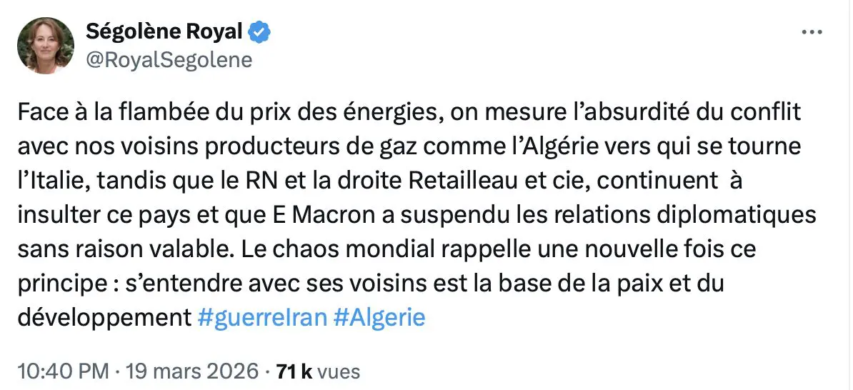 Ségolène Royal dénonce « l’absurdité » du conflit France - Algérie