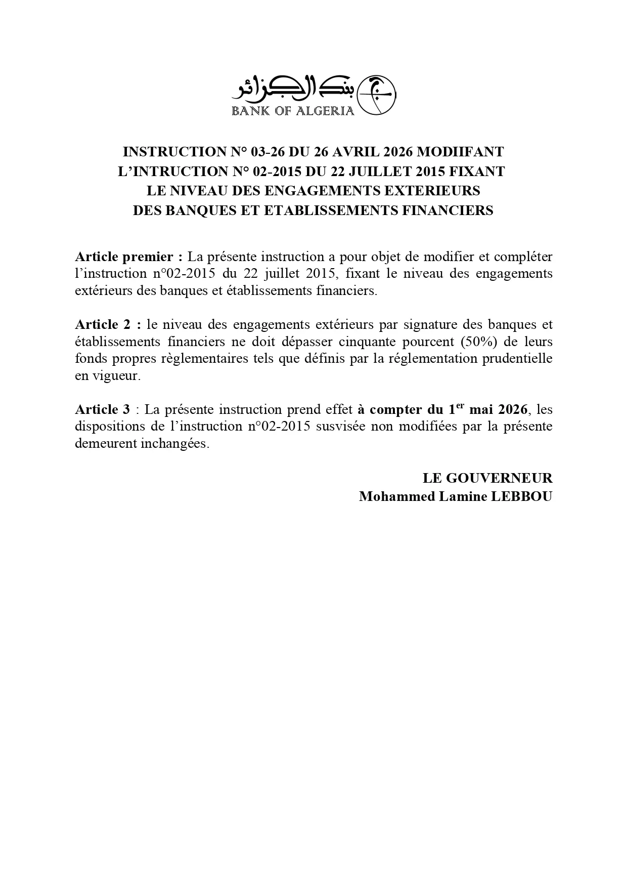 Instruction n°03-26 - Banque d'Algérie