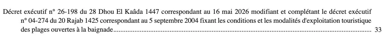 Le décret exécutif n°26-198 modifie les règles de concession des plages ouvertes à la baignade