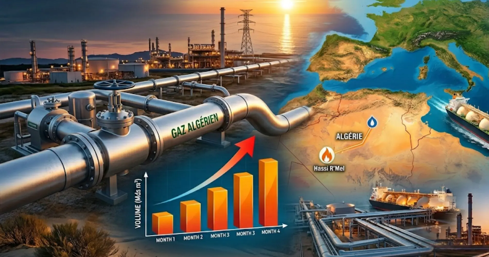 Gaz algérien vers l&rsquo;Europe : quatre mois de hausse consécutifs, l&rsquo;Algérie creuse l&rsquo;écart