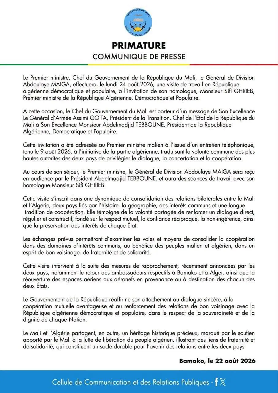 Communiqué de la Primature malienne