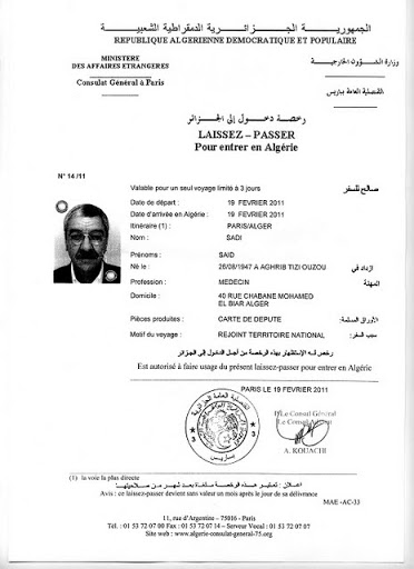 Le passeport de Said Sadi volé à Paris la veille de la marche du 19 février