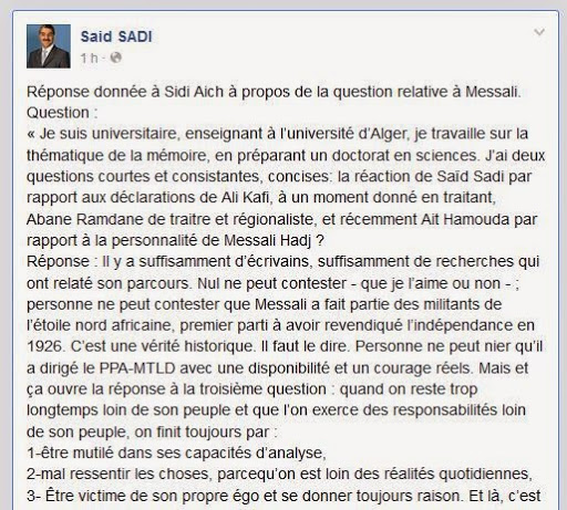 Ce que Said Sadi a dit de Hadj Messali et Ali Kafi à Béjaia