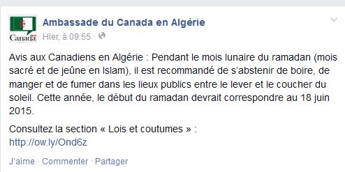 Le Canada recommande à ses ressortissants en Algérie de s’abstenir de rompre le jeûne en public