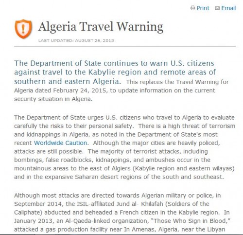 Les États-Unis reconduisent leur « Travel Warning »pour la destination Algérie