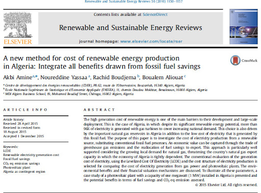 Evaluation du coût de production de l’électricité renouvelable pour l’Algérie : Une nouvelle méthode publiée