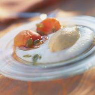 Crème de riz, sorbet et abricots poêlés