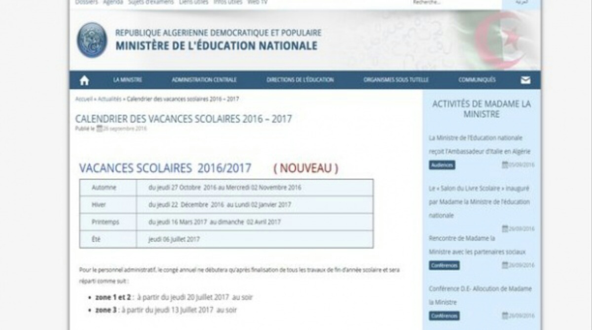 Le ministère de l’Education fixe le calendrier des vacances scolaires et de la rentrée scolaire 2017-2018