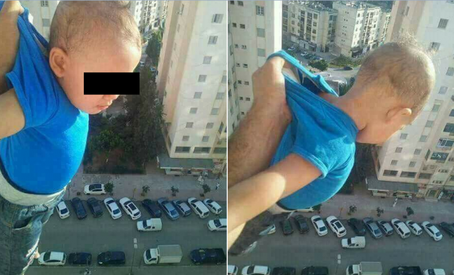 La photo d’un enfant suspendu du haut d’un immeuble suscite la polémique