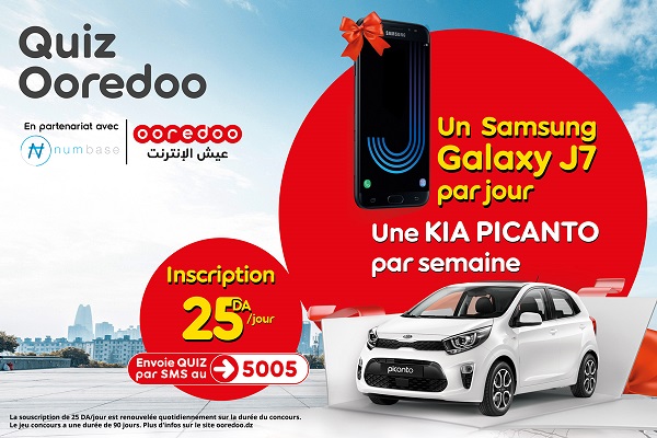 Nouveau jeu de Questions / Réponses de Ooredoo: Avec le service « Quiz Ooredoo » : Testez vos connaissances et GAGNEZ une Kia Picanto chaque semaine et un Samsung Galaxy J7 chaque jour