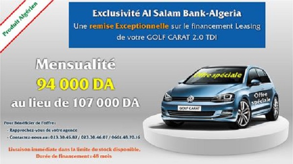 Crédit à la consommation : La Volkswagen Golf Carat à 94000 DA/Mois chez Al Salam Bank