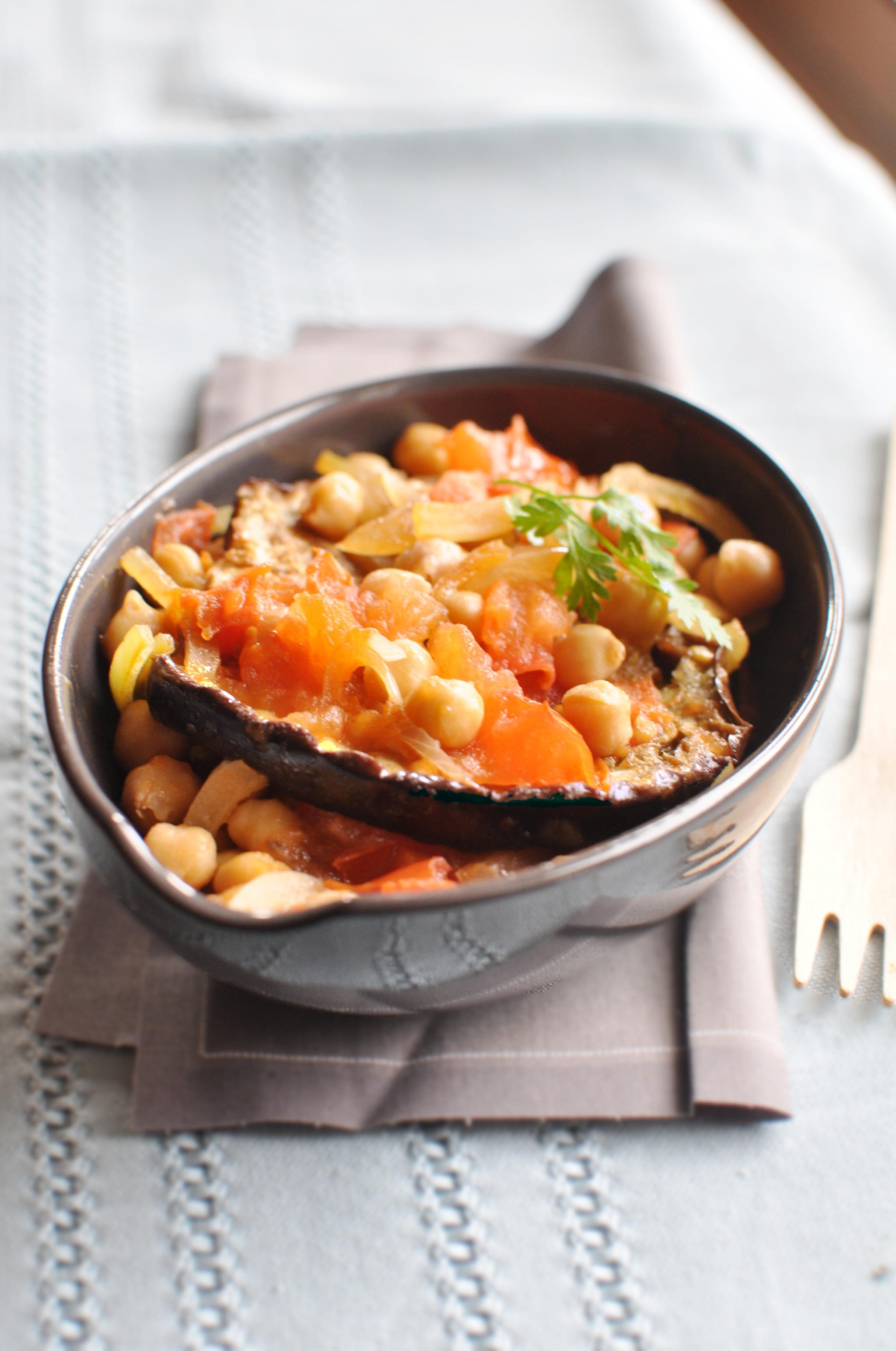 Recette: Fondue d&rsquo;aubergines aux pois chiches