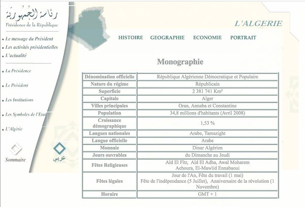 Selon la monographie du site de la présidence : Tamazight n’est que langue nationale