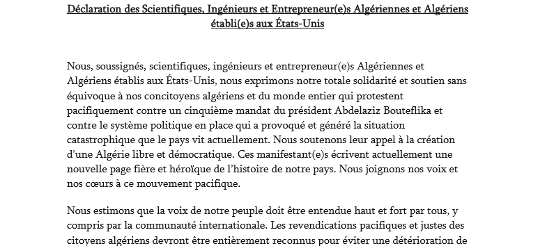 Voici la déclaration des Scientifiques Algériens établis aux États-Unis