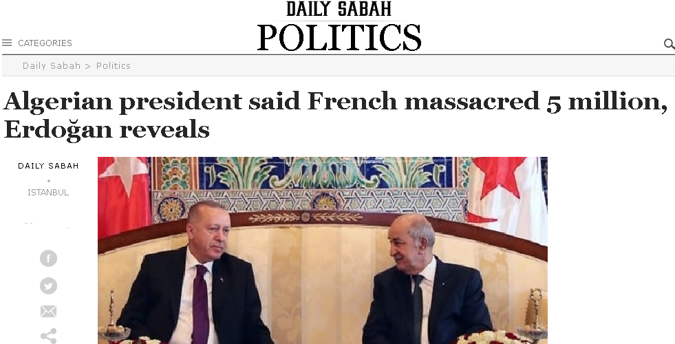 Erdogan : « Tebboune m’a dit que la France a massacré 5 millions d’algériens »