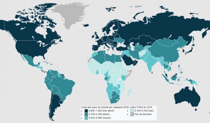 Carte des pays du monde par catégorie d'IDH, selon l'ONU en 2019.