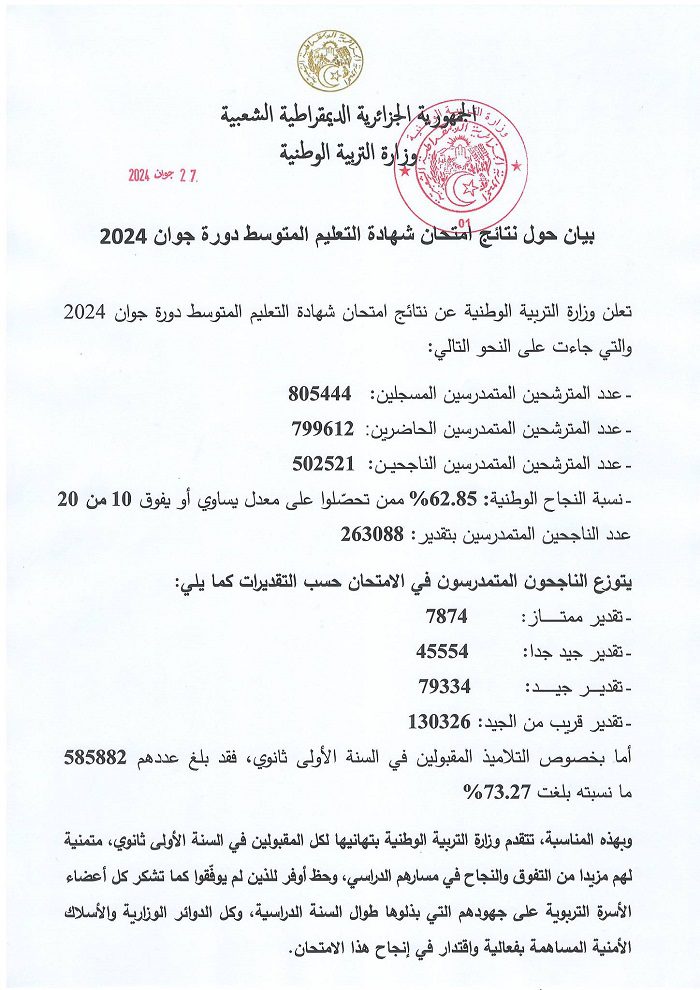 bem 2024 algerie ministere education