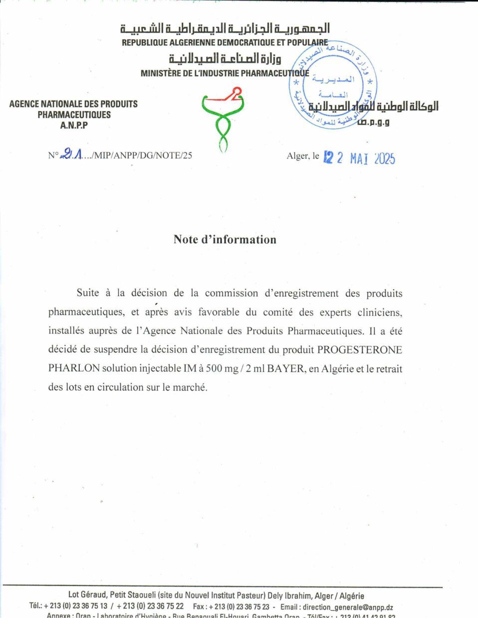 Note d'information sur la PROGESTERONE PHARLON