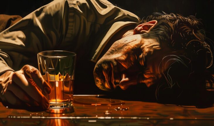 man, alcohol, despair, table, whiskey, glass, drunkenness, tired, emotional, dark, addiction, depressed, reflection, dramatic, sleep, night, alone, drunk, alcoholism, ai generated
