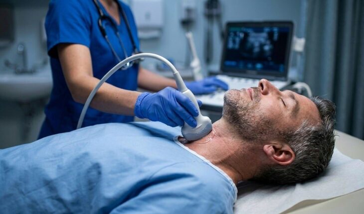 ultrasound examination, neck sonography, medical imaging, diagnostic procedure, healthcare professional, clinical setting, ultrasound probe, stethoscope, blue scrubs, latex gloves, patient care, radiology, thyroid ultrasound, hospital environment, medical technology, non-invasive procedure, sonographer, modern medicine, medical equipment, clinical diagnosis, healthcare facility, preventive medicine, ai generated
